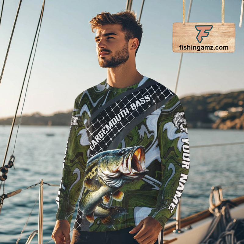 Largemouth Bass Fishing Shirts Long Sleeve Abstract Green Camo Performance Jersey For Men NHT922
