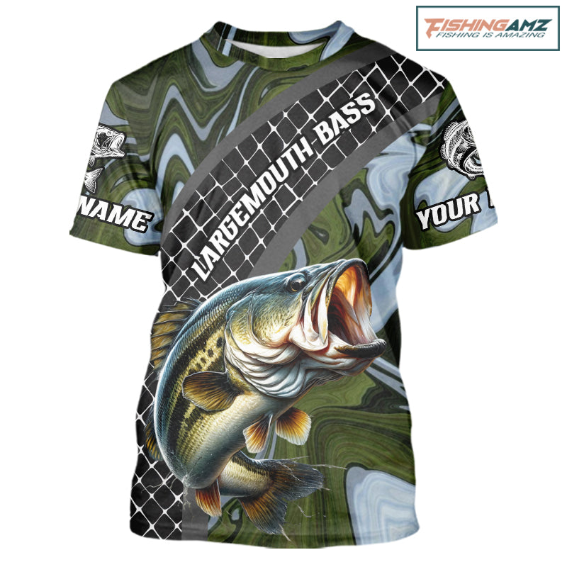 Largemouth Bass Short Sleeve Fishing T-Shirt Abstract Green Camo Performance Jersey For Men NHT922