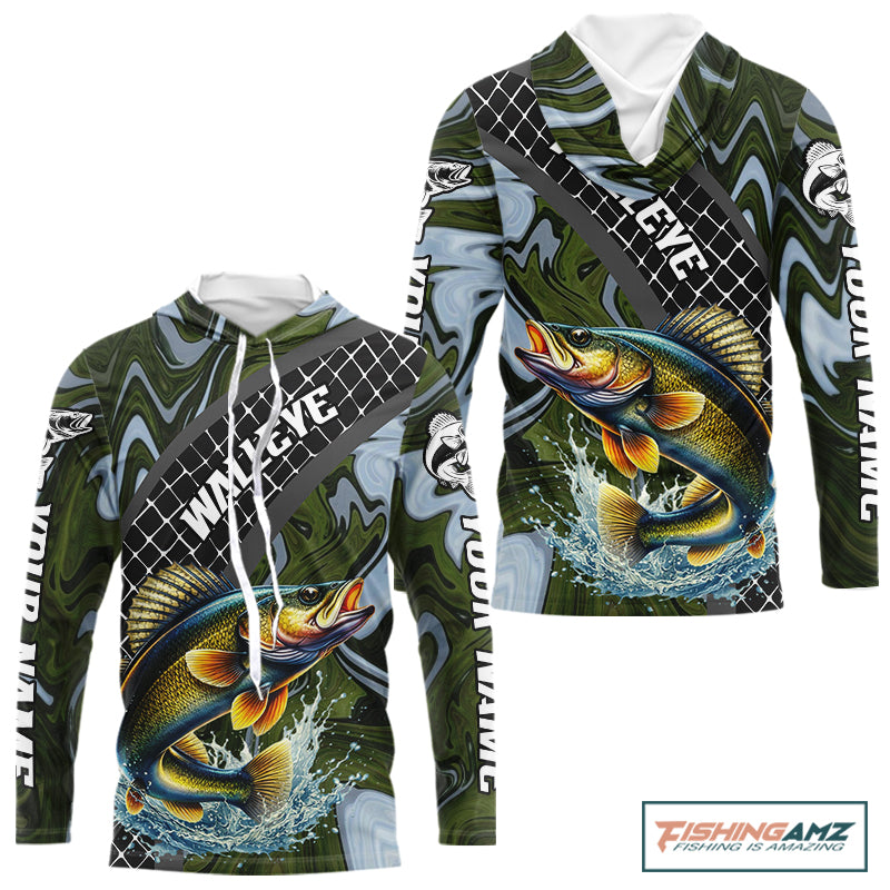 Walleye Hooded Fishing Shirt Long Sleeve Abstract Green Camo Performance Jersey For Men NHT923