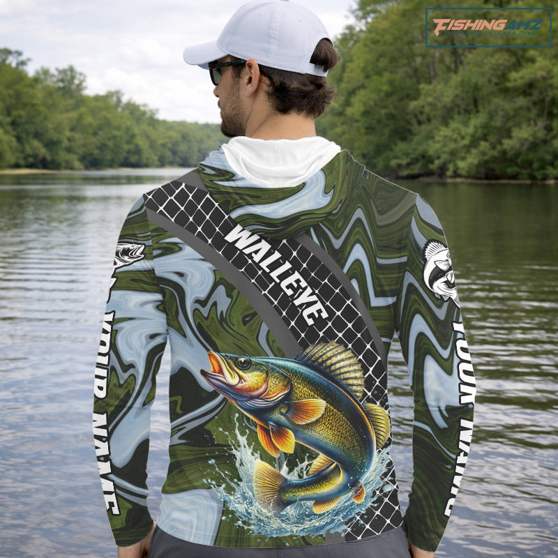 Walleye Hooded Fishing Shirt Long Sleeve Abstract Green Camo Performance Jersey For Men NHT923