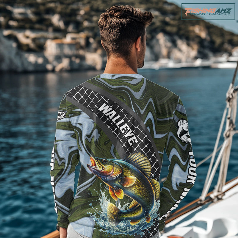 Walleye Fishing Shirts Long Sleeve Abstract Green Camo Performance Jersey For Men NHT923