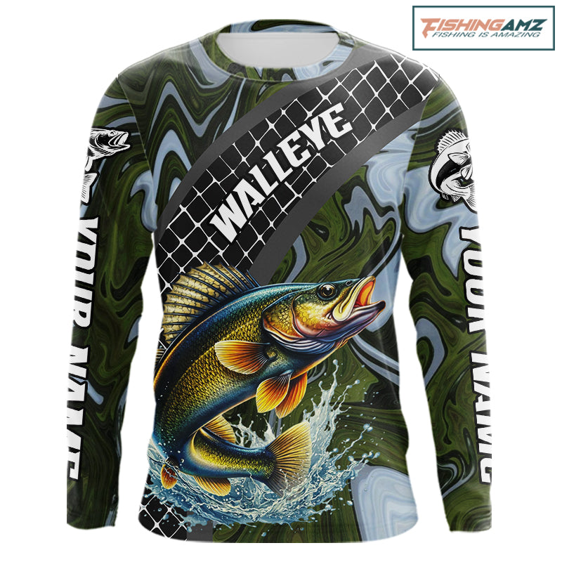 Walleye Fishing Shirts Long Sleeve Abstract Green Camo Performance Jersey For Men NHT923