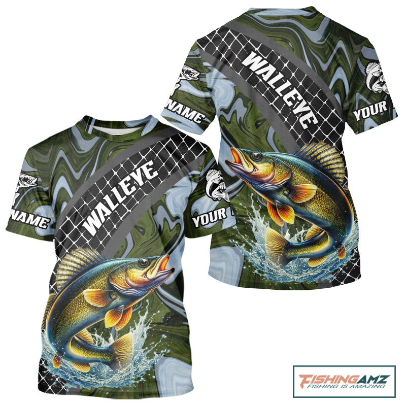 Walleye Short Sleeve Fishing T-Shirt Abstract Green Camo Performance Jersey For Men NHT923