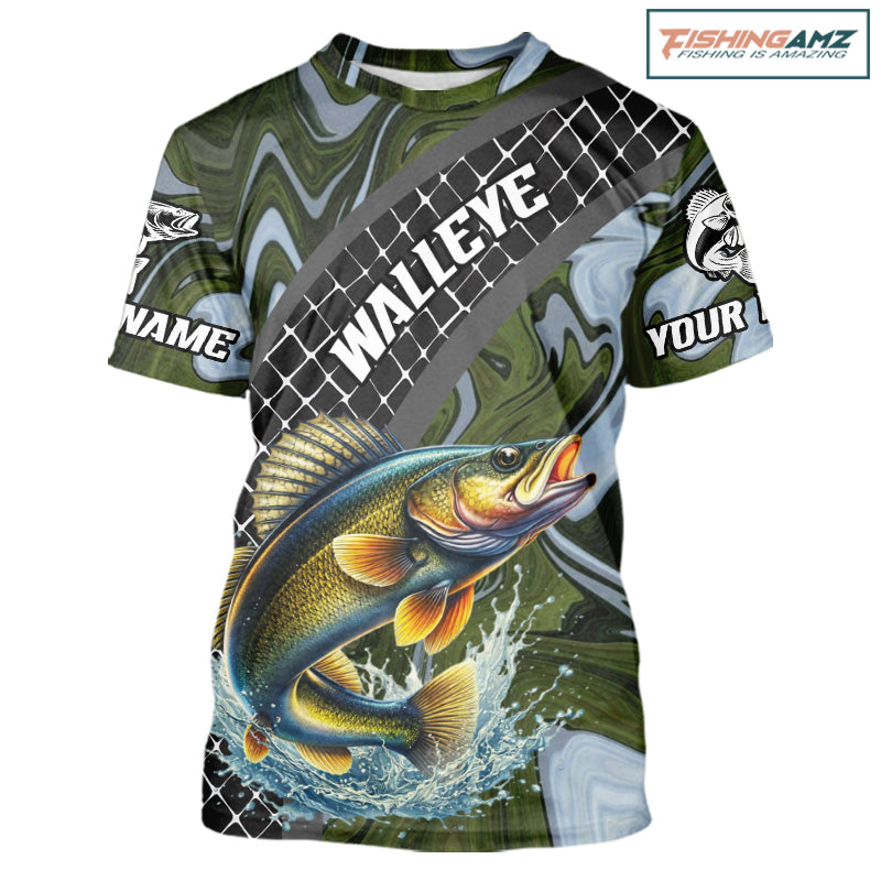 Walleye Short Sleeve Fishing T-Shirt Abstract Green Camo Performance Jersey For Men NHT923