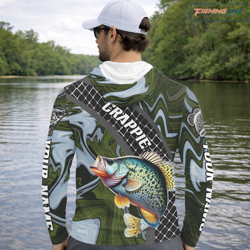 Crappie Hooded Fishing Shirt Long Sleeve Abstract Green Camo Performance Jersey For Men NHT924