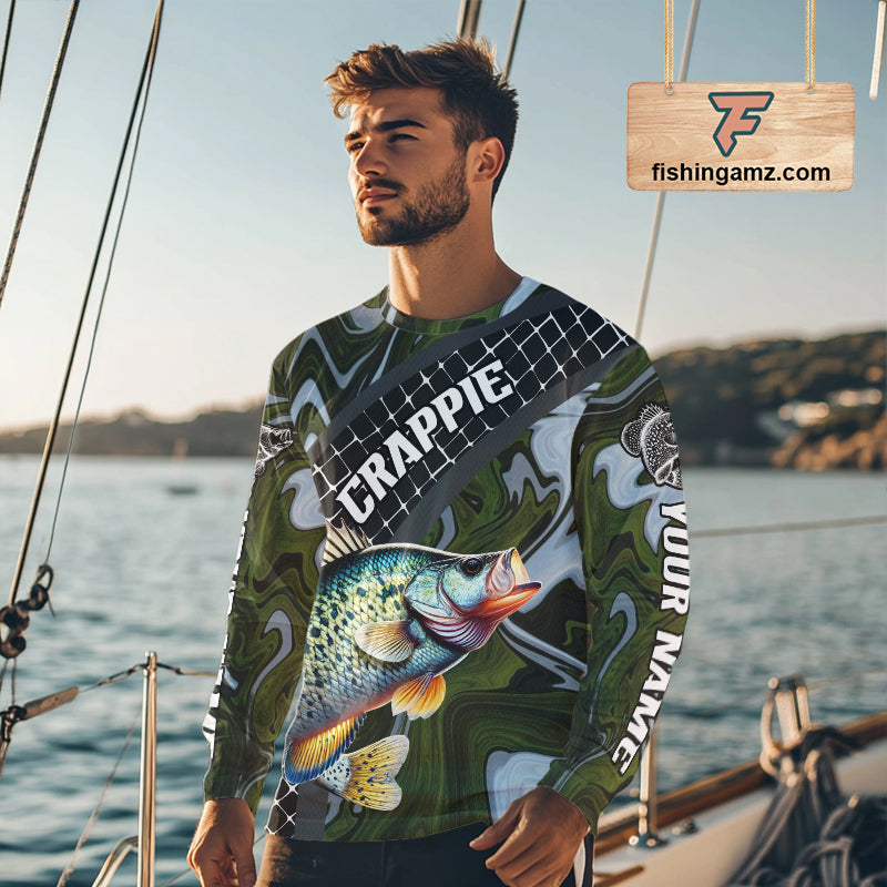 Crappie Fishing Shirts Long Sleeve Abstract Green Camo Performance Jersey For Men NHT924