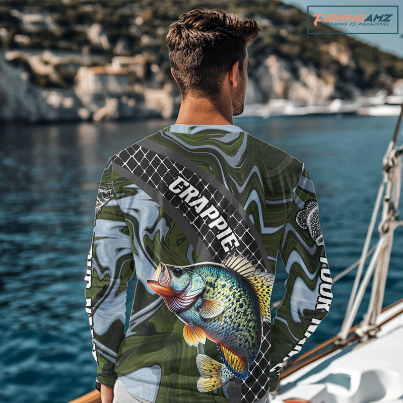 Crappie Fishing Shirts Long Sleeve Abstract Green Camo Performance Jersey For Men NHT924