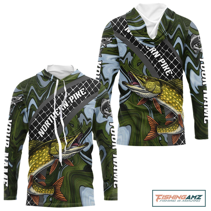 Northern Pike Hooded Fishing Shirt Long Sleeve Abstract Green Camo Performance Jersey For Men NHT925