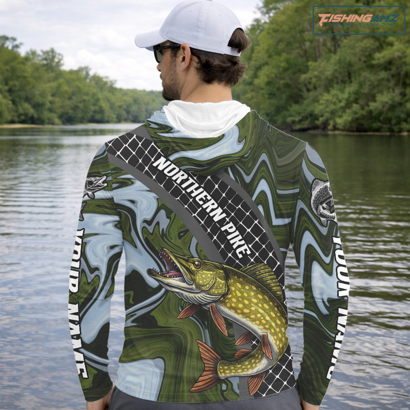 Northern Pike Hooded Fishing Shirt Long Sleeve Abstract Green Camo Performance Jersey For Men NHT925