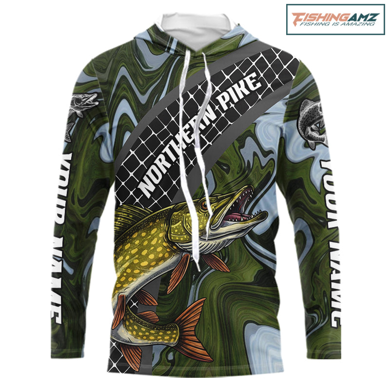 Northern Pike Hooded Fishing Shirt Long Sleeve Abstract Green Camo Performance Jersey For Men NHT925