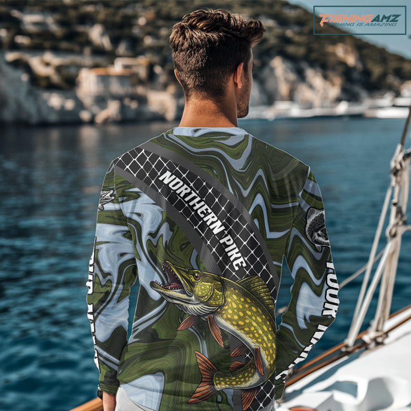 Northern Pike Fishing Shirts Long Sleeve Abstract Green Camo Performance Jersey For Men NHT925