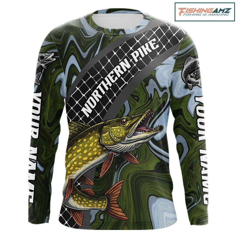 Northern Pike Fishing Shirts Long Sleeve Abstract Green Camo Performance Jersey For Men NHT925