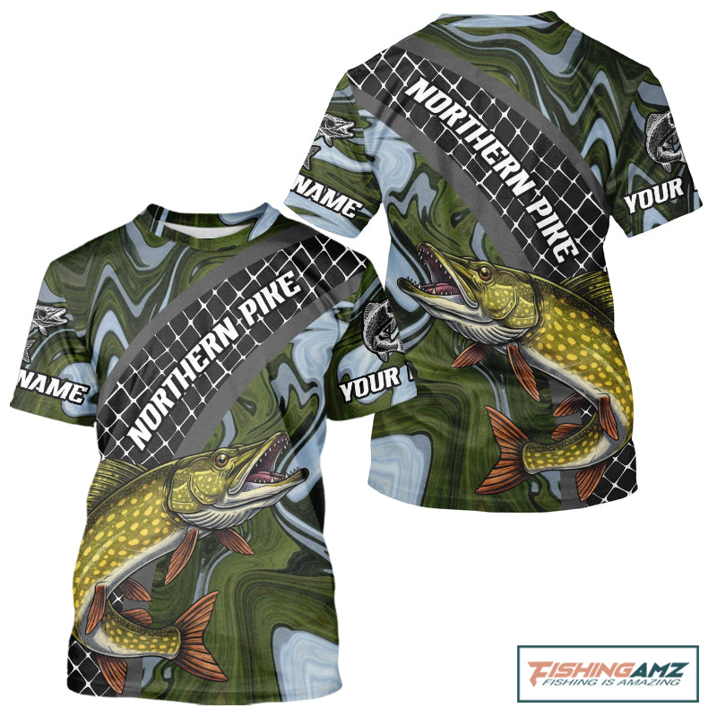 Northern Pike Short Sleeve Fishing T-Shirt Abstract Green Camo Performance Jersey For Men NHT925
