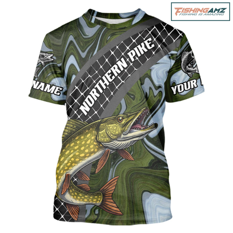Northern Pike Short Sleeve Fishing T-Shirt Abstract Green Camo Performance Jersey For Men NHT925