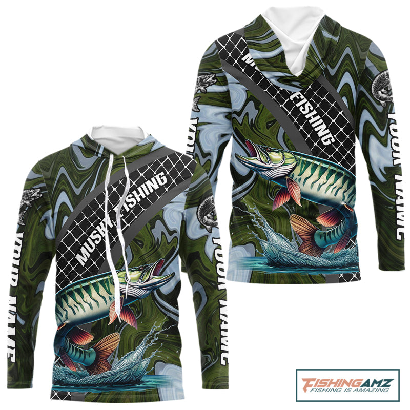 Northern Musky Hooded Fishing Shirt Long Sleeve Abstract Green Camo Performance Jersey For Men NHT926