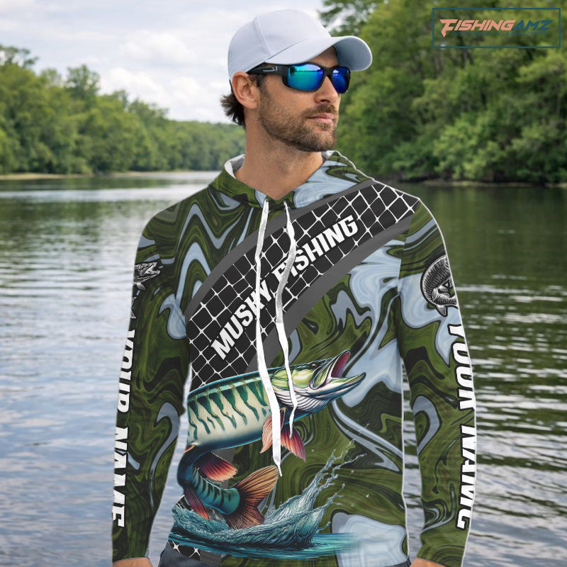 Northern Musky Hooded Fishing Shirt Long Sleeve Abstract Green Camo Performance Jersey For Men NHT926