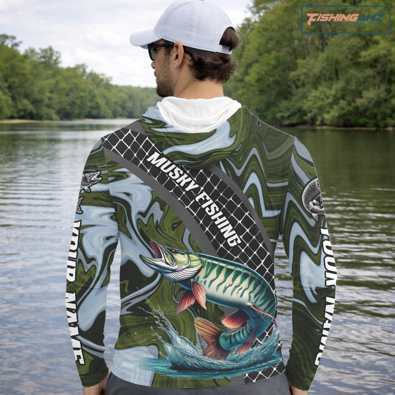 Northern Musky Hooded Fishing Shirt Long Sleeve Abstract Green Camo Performance Jersey For Men NHT926