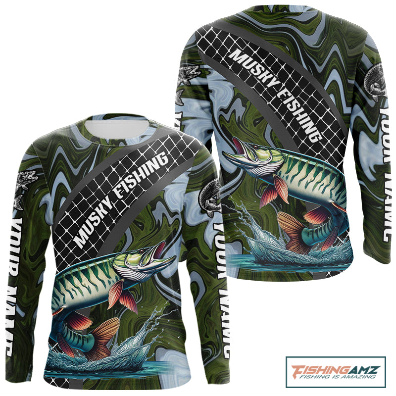 Northern Musky Fishing Shirts Long Sleeve Abstract Green Camo Performance Jersey For Men NHT926