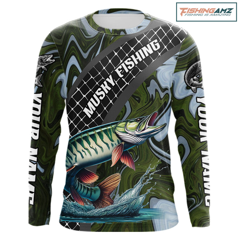 Northern Musky Fishing Shirts Long Sleeve Abstract Green Camo Performance Jersey For Men NHT926