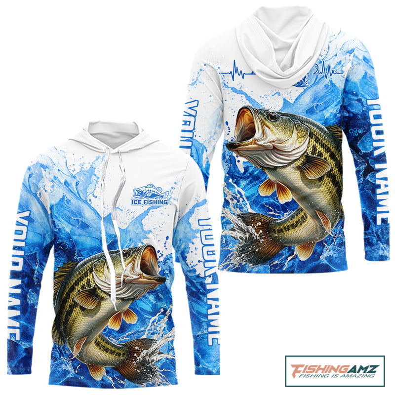 Bass Fishing Shirts Hooded, Ice Fishing Long Sleeve Shirt For Men, Largemouth Bass Fishing Apparel NHT1383