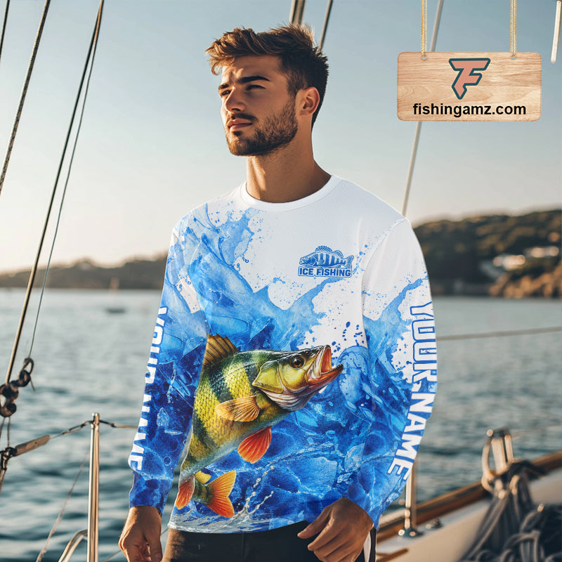 Yellow Perch Fishing Shirt, Ice Fishing Long Sleeve Shirt For Men, Yellow Perch Fishing Apparel NHT1387