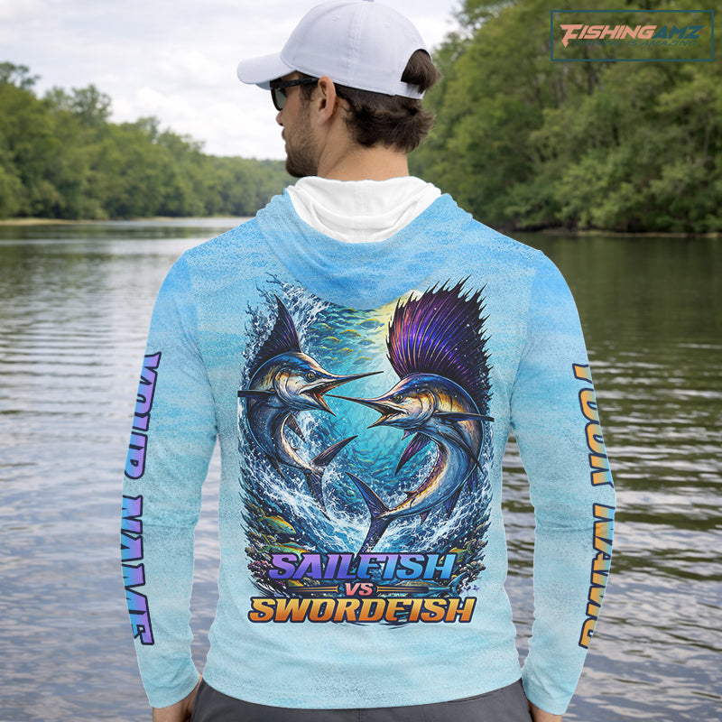 Personalized Sailfish Vs Swordfish Fishing Saltwater Hooded Long Sleeve Fishing Shirts NHT419