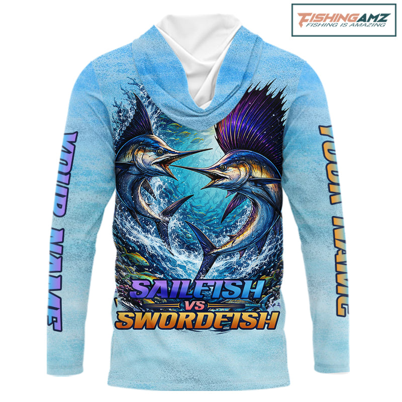 Personalized Sailfish Vs Swordfish Fishing Saltwater Hooded Long Sleeve Fishing Shirts NHT419