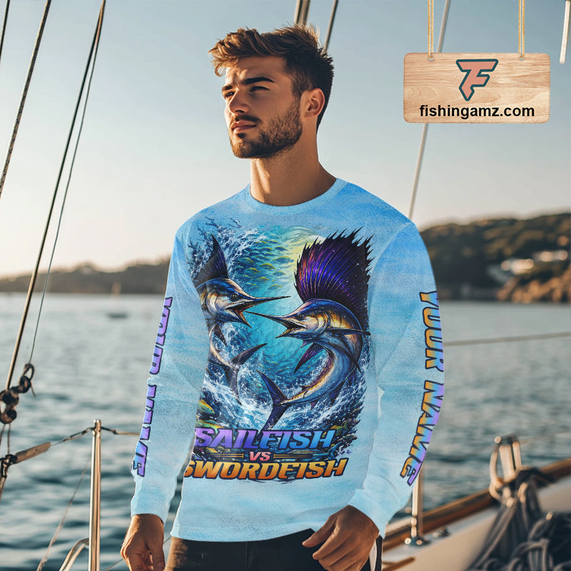 Personalized Sailfish Vs Swordfish Fishing Saltwater Long Sleeve Fishing Shirts NHT419
