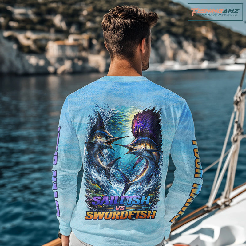 Personalized Sailfish Vs Swordfish Fishing Saltwater Long Sleeve Fishing Shirts NHT419
