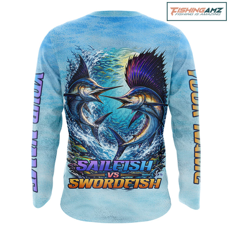 Personalized Sailfish Vs Swordfish Fishing Saltwater Long Sleeve Fishing Shirts NHT419