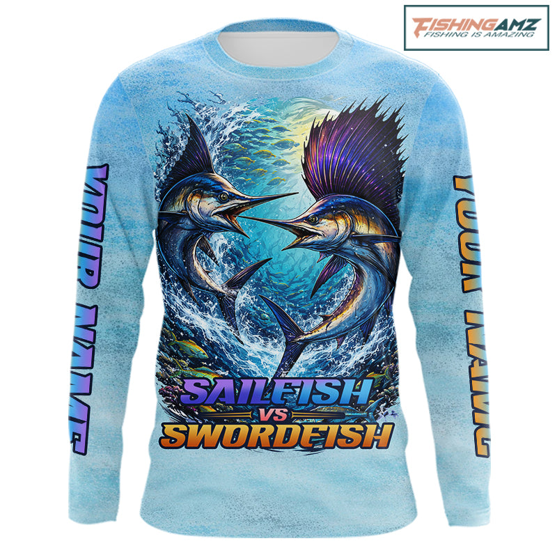Personalized Sailfish Vs Swordfish Fishing Saltwater Long Sleeve Fishing Shirts NHT419