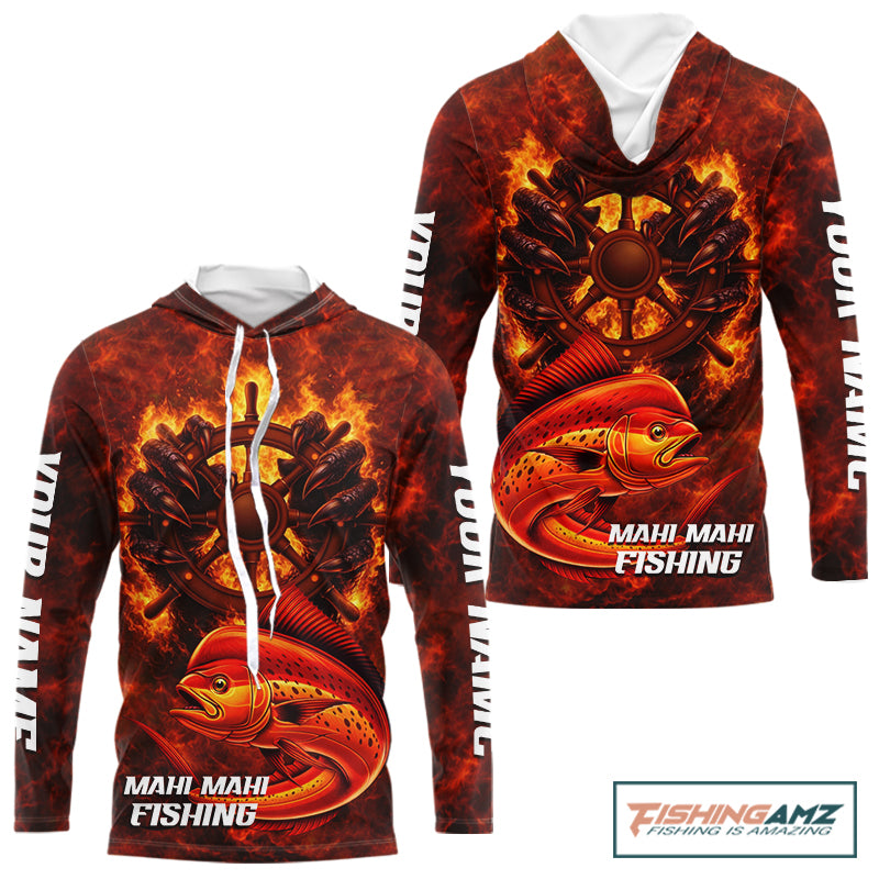 Red Mahi Mahi Fishing Shirts Long Sleeve Hooded, Personalized Men's Fishing Shirt NHT420