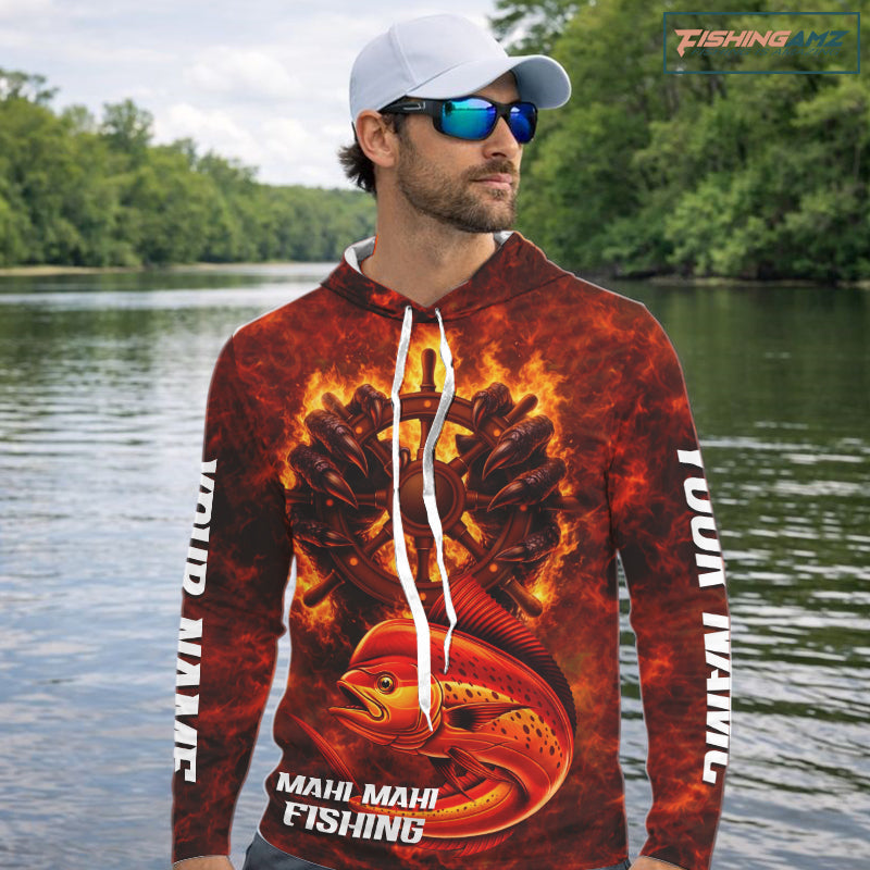 Red Mahi Mahi Fishing Shirts Long Sleeve Hooded, Personalized Men's Fishing Shirt NHT420