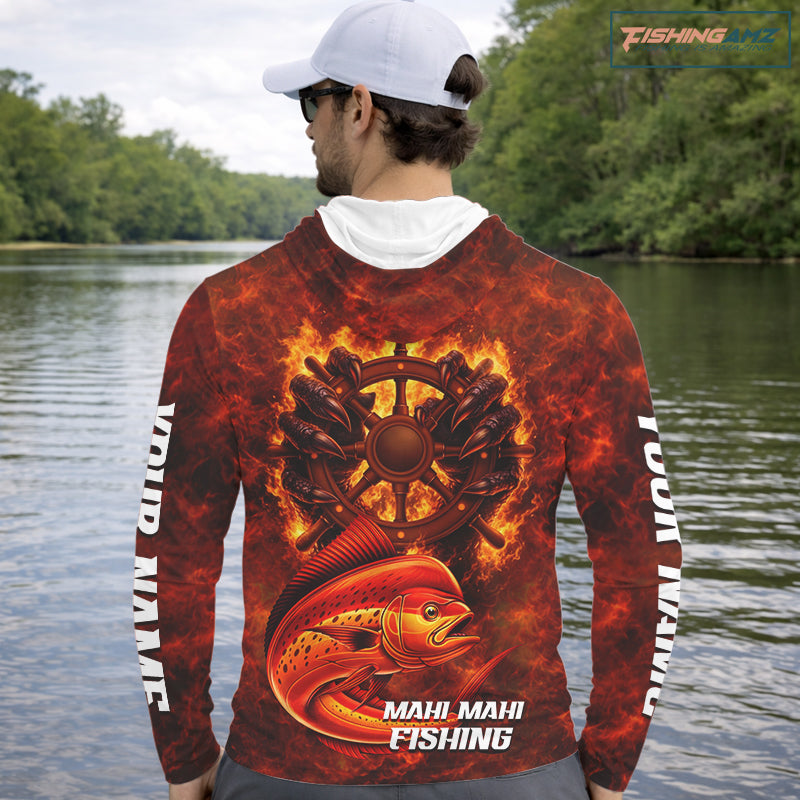 Red Mahi Mahi Fishing Shirts Long Sleeve Hooded, Personalized Men's Fishing Shirt NHT420