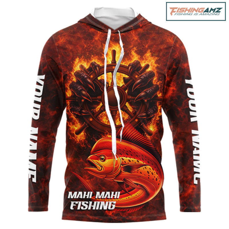 Red Mahi Mahi Fishing Shirts Long Sleeve Hooded, Personalized Men's Fishing Shirt NHT420