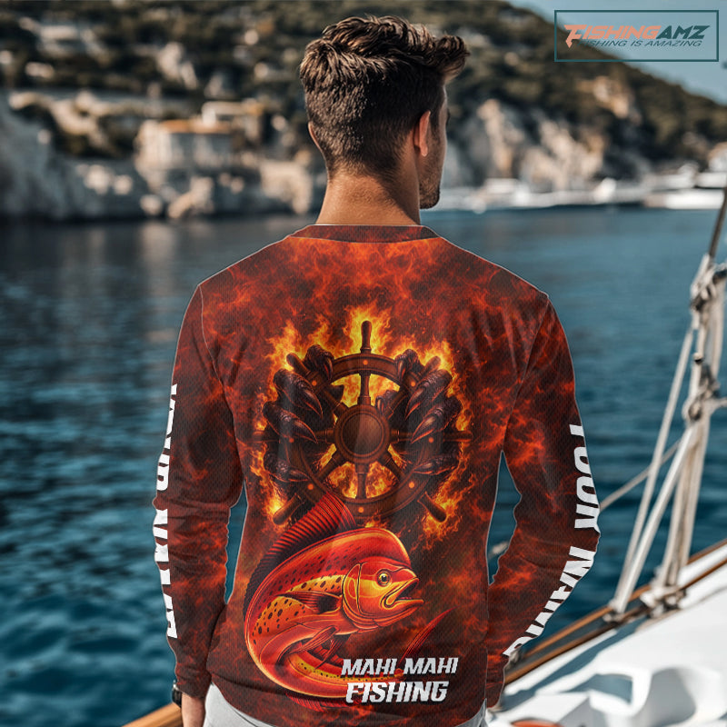 Red Mahi Mahi Fishing Shirts Long Sleeve, Personalized Men's Fishing Shirt NHT420