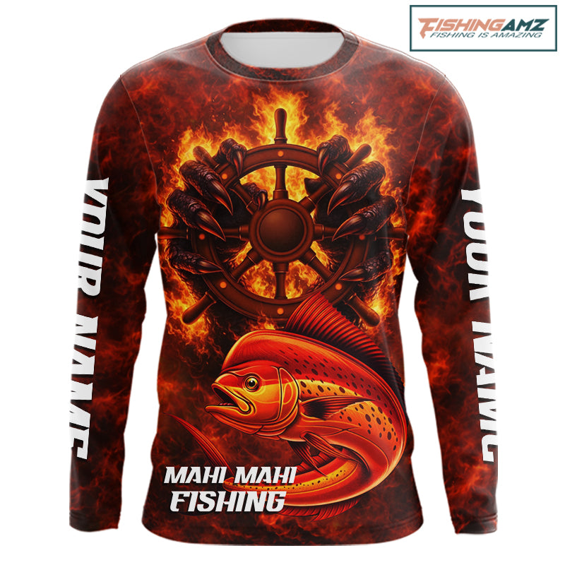 Red Mahi Mahi Fishing Shirts Long Sleeve, Personalized Men's Fishing Shirt NHT420