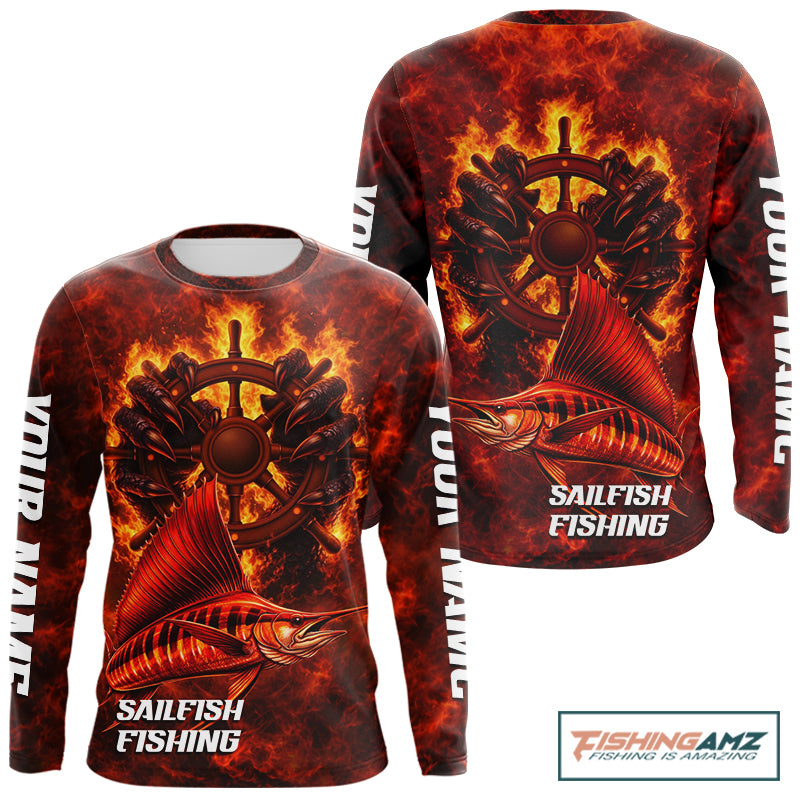 Red Sailfish Fishing Shirts Long Sleeve, Personalized Men's Fishing Shirt NHT421