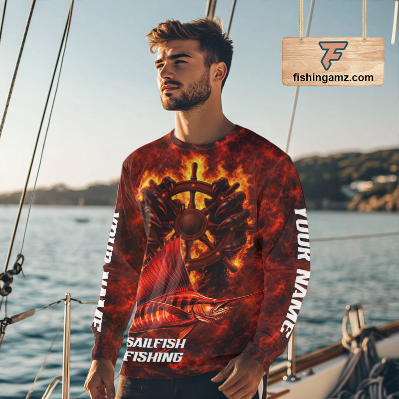 Red Sailfish Fishing Shirts Long Sleeve, Personalized Men's Fishing Shirt NHT421