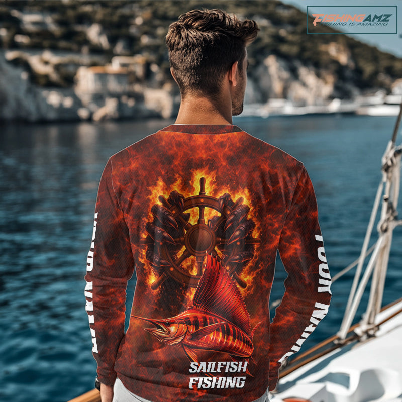 Red Sailfish Fishing Shirts Long Sleeve, Personalized Men's Fishing Shirt NHT421