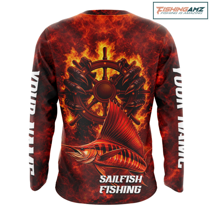 Red Sailfish Fishing Shirts Long Sleeve, Personalized Men's Fishing Shirt NHT421