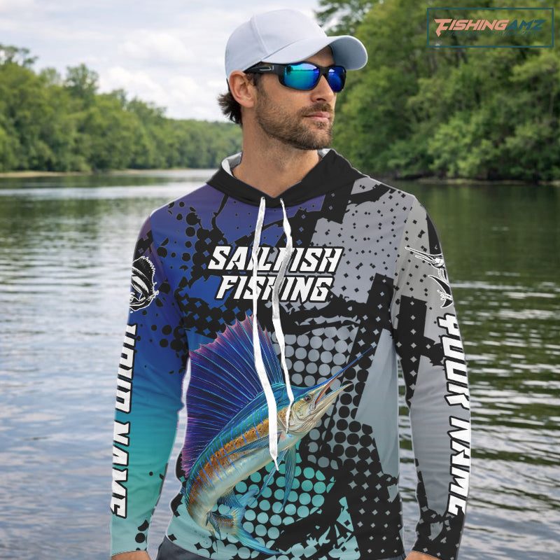 Sailfish Hooded Fishing Shirt Blue Camo Custom Name, Sailfish Fishing Team Jerseys NHT475