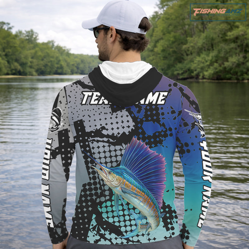 Sailfish Hooded Fishing Shirt Blue Camo Custom Name, Sailfish Fishing Team Jerseys NHT475