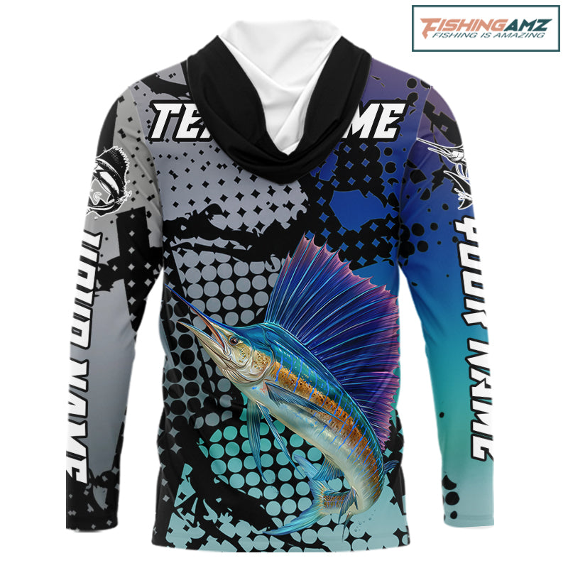 Sailfish Hooded Fishing Shirt Blue Camo Custom Name, Sailfish Fishing Team Jerseys NHT475