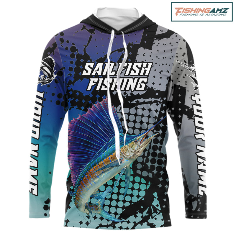 Sailfish Hooded Fishing Shirt Blue Camo Custom Name, Sailfish Fishing Team Jerseys NHT475