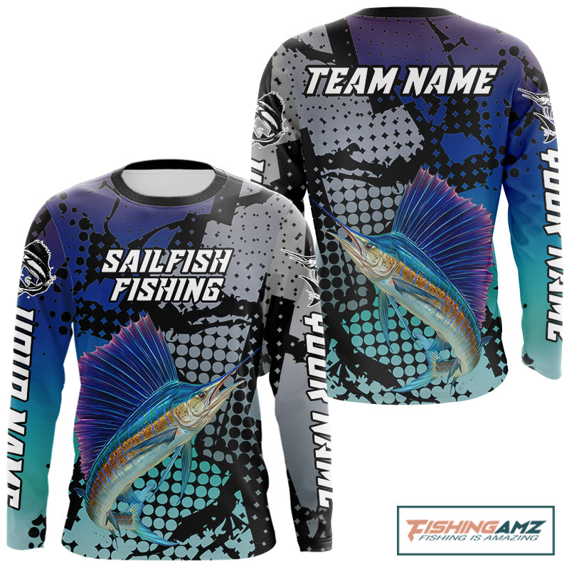 Sailfish Fishing Shirt Blue Camo Custom Name, Sailfish Fishing Team Jerseys NHT475