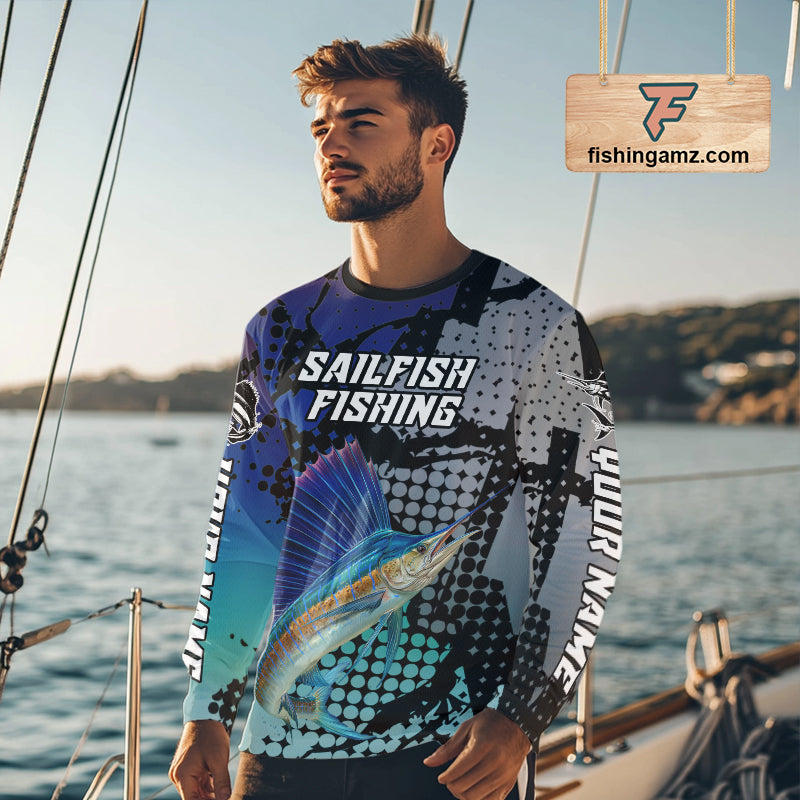 Sailfish Fishing Shirt Blue Camo Custom Name, Sailfish Fishing Team Jerseys NHT475