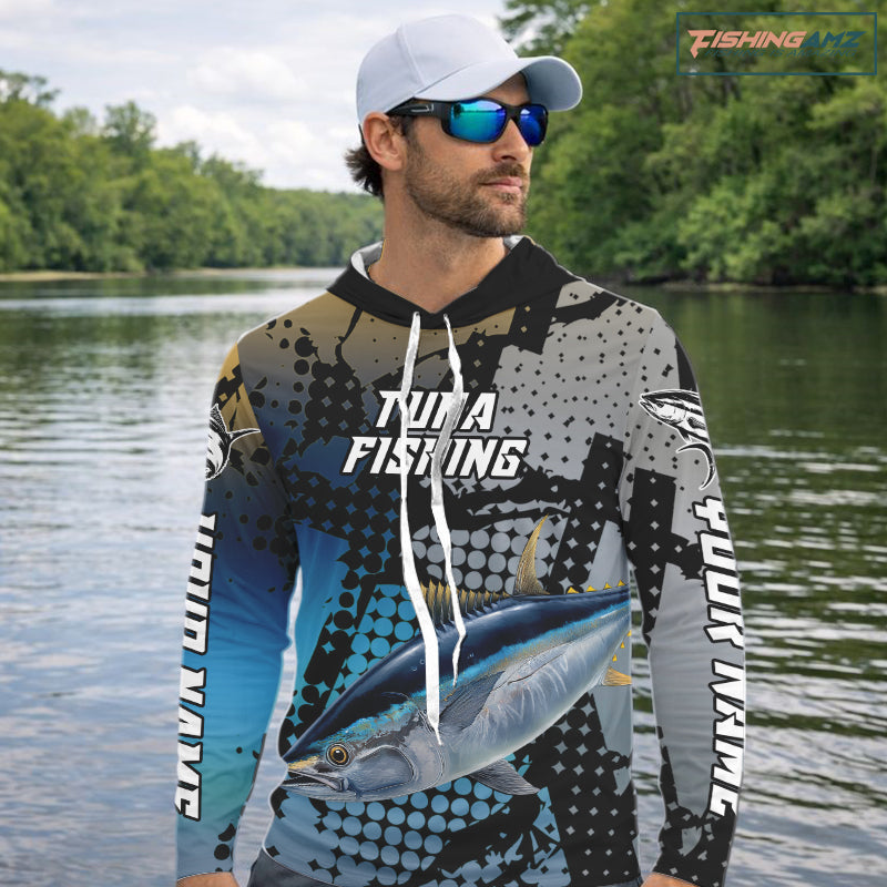 Tuna Hooded Fishing Shirt Blue Camo Custom Name, Tuna Fishing Team Jerseys NHT476