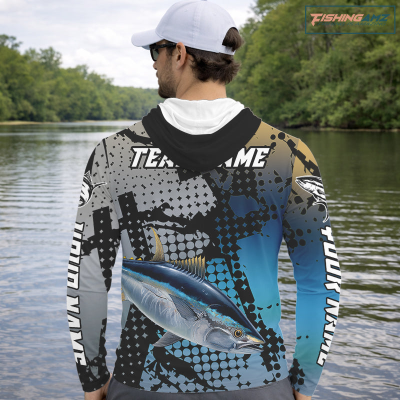 Tuna Hooded Fishing Shirt Blue Camo Custom Name, Tuna Fishing Team Jerseys NHT476