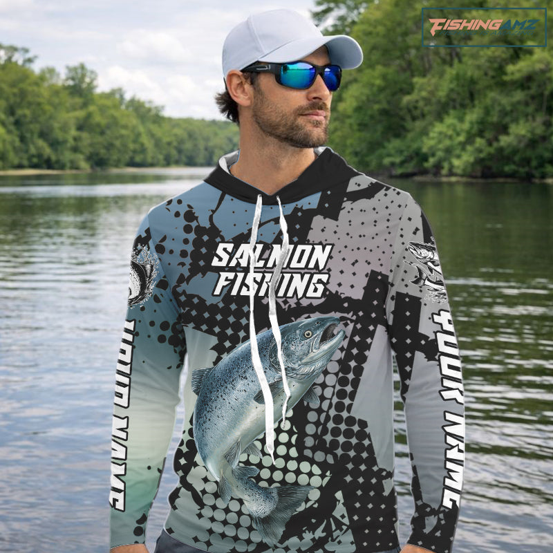 Chinook Salmon Hooded Fishing Shirt Gray Camo Custom Name, Chinook Salmon Fishing Team Jerseys NHT478